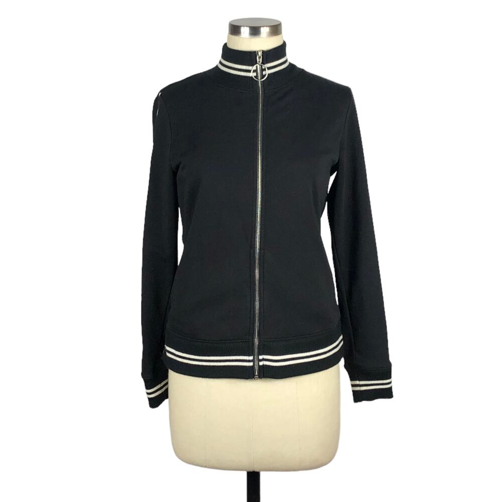 PAM & GELA Jacket Black White Striped Full Zip Indie Track Jacket Size P Zippers
